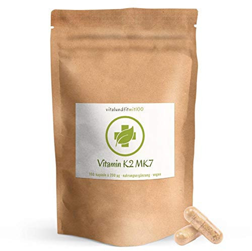 Natürliches Vitamin K2 (MK7 all-trans) Kapseln - 100 Stück à 200 µg - Menaquinon 7/Menachinon 7-99,7% All-Tans - Fermentationsgewinnung - vegane Kapseln - 100% rein - ohne Zusätze