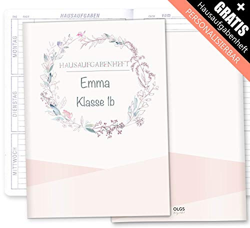 Olgs Hausaufgabenheft Hülle Rehkitz inkl. Heft Schulheft Schutzhülle Umschlag schöne Geschenkidee personalisierbar mit Namen und die Schulklasse (Hausaufgabenheft personalisiert, ohne Motiv)