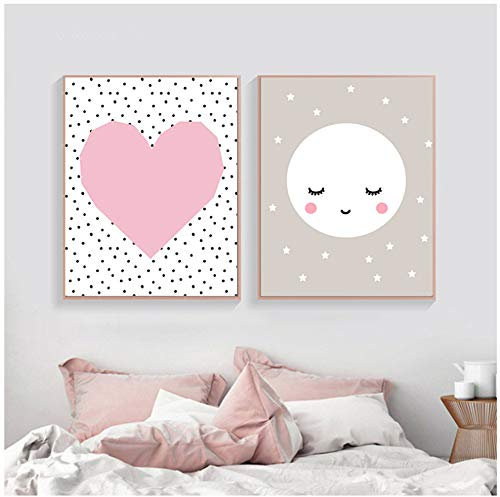 XIANGPEIFBH Wandkunst Pink Mint Moon Art geometrische Kinderzimmer Mädchen Kinderzimmer Poster und Drucke für Babyzimmer-50x70cm mit Rahmen