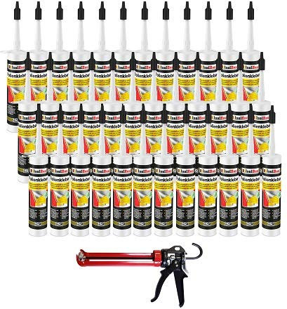 Isolbau Profi Folienkleber Set inkl. HQ Auspresspistole - Bauelastischer 1K Klebe-Dichtstoff zur Verklebung von Kunststofffolie, Dampfbremsen & Dampfsperren - 36 x 450 g