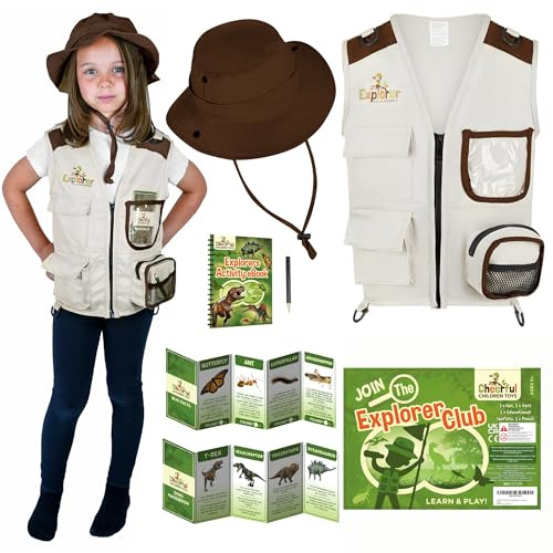 Cheerful Children Toys Explorer Costume Kids, Zookeeper Set Ages 3-7 | Kids Explorer Dress Up, Safari Vest and Hat with Dinosaur & Bug Educational Handbooks, Paleontologist Role Play Toys