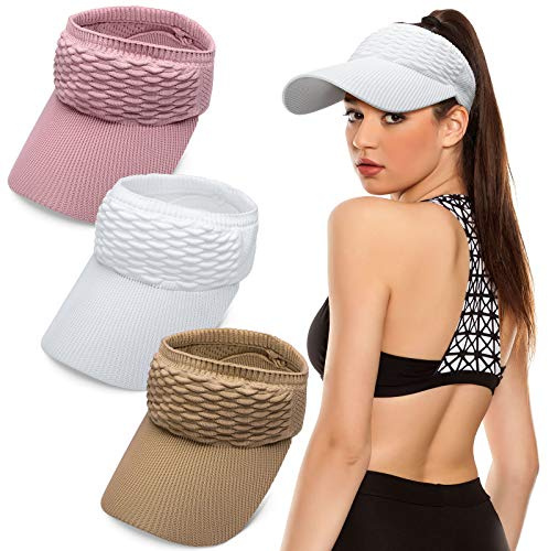3 Pieces Women Sun Visor Hat for Women Knitted Hats Summer Beach Hat Elastic Sports Hat Empty Top Quick Drying Wide Brim Golf(Pink, White, Light Brown)