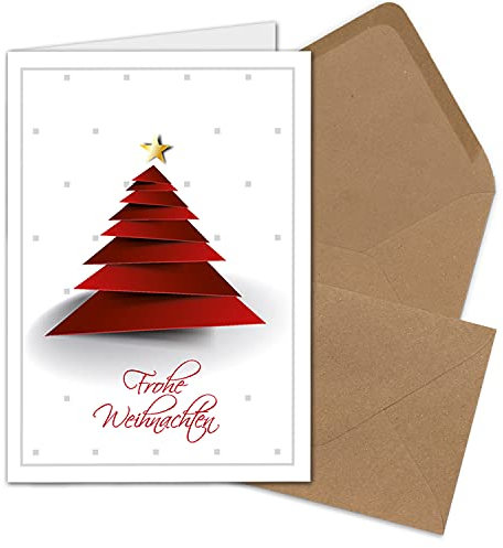 NEUSER PAPIER 10x Weihnachtskarten-Set DIN A6 in Weiß mit rotem Design Weihnachtsbaum - Faltkarten mit Umschlägen DIN C6 Kraftpapier Sandbraun mit Nassklebung - Weihnachtsgrüße für Firmen und Privat