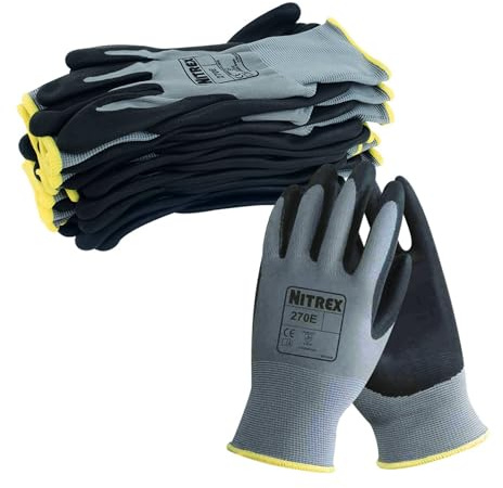 NITREX 270E Arbeitshandschuhe, abriebfeste Schutzhandschuhe mit Polyesterfutter Nitrilschaum-Handflächenbeschichtung, Schutz vor mechanischen und industriellen Gefährdungen–10 Paar je Beutel–Größe 10
