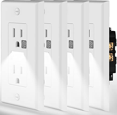 Night Light Outlet with Dusk to Dawn Sensor - 4 Pack, Standard Receptacle Requires Wiring (NOT Cover Plate), Automatic LED Outlet, Includes Wall Plate & Screws, by SOZULAMP