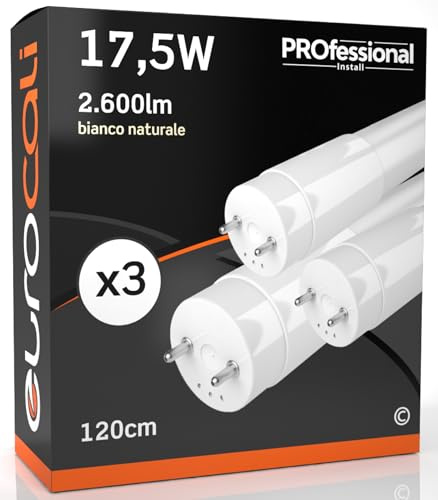Eurocali 3x Tubo LED T8 17,5W 120cm Alta Luminosità 2600 lumen Fascio Luminoso 320° - Bianco Naturale 4000K - Sostituzione Neon