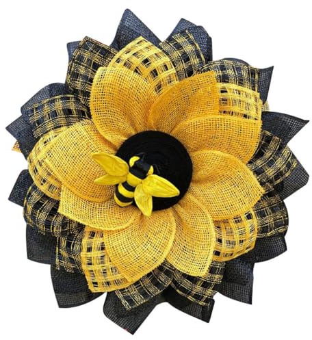 PRETYZOOM Bee Sunflower Wreath, Bumblebee Garland Spring Wreath for Front Door Artificial Sunflower for Farmhouse Floral Day Party Supplies Yellow