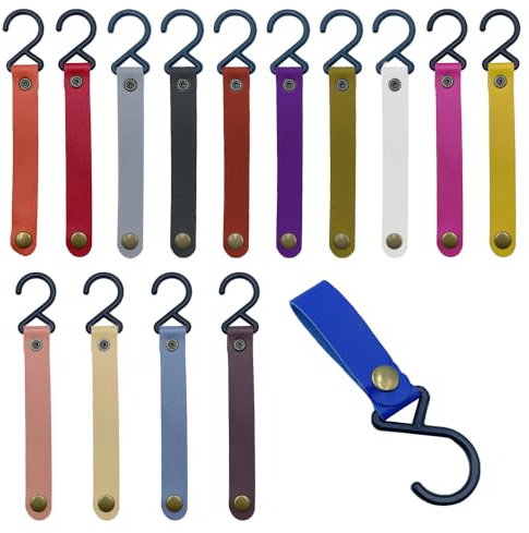 ONEBO 15 Stück Leder-S-Haken,S Haken Mit Lederschlaufe,Lederriemen mit Haken,zum Aufhängen, Campinghaken, Lenker-Haken für Mantel, Handtuch, Küche, Badezimmer(15 Farben)