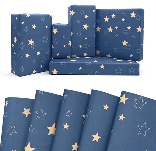5 Sheets Blue Kraft Wrapping Paper,DXTXTJ 50x70cm Recyclable Christmas Wrapping Paper with Stars for Christmas,Father's Day,Birthday,Other Festivals