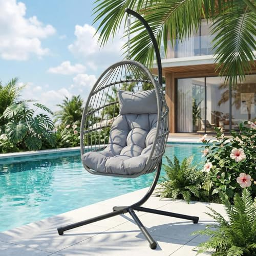 Alivio Folding Egg Chair with Cushion & Stand, Freestanding Hanging Swing Chair for Indoor & Outdoor, Heavy Duty Steel Frame Rattan Chair for Garden, Patio & Living Room