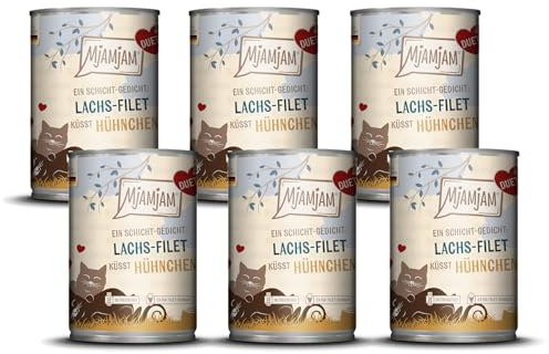 MjAMjAM - Premium Nassfutter für Katzen - Duett - Lachs-Filet küsst Hühnchen, 6er Pack (6x390g), getreidefrei