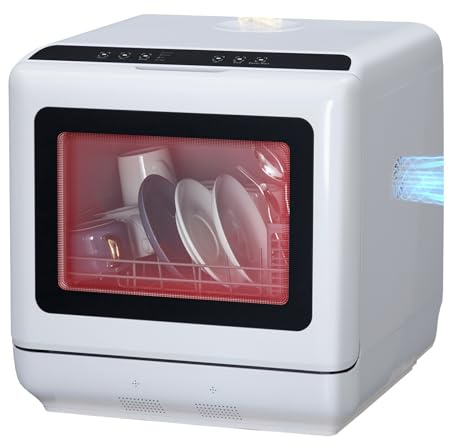 Portable Countertop Dishwasher, Compact Mini Dishwashers with 5 L Built-in Water Tank, 5 Washing Programs, Air-Drying Function, 360° Dual Spray & High-Temp, for Home, RV, Apartment, Pure White