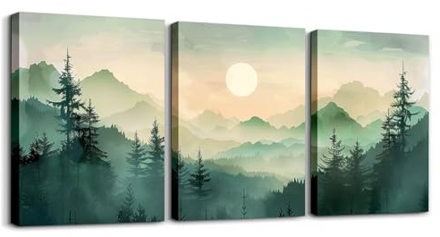 Homewish Boho Bergsduk Canvas Väggkonst Set Av 3, Akvarell Furu Trä Ram Väggkonst Abstrakt Dimmig Grön Skogsmålning Väggdekoration Natur Landskap Soluppgång Väggdekorationer För Vardagsrum