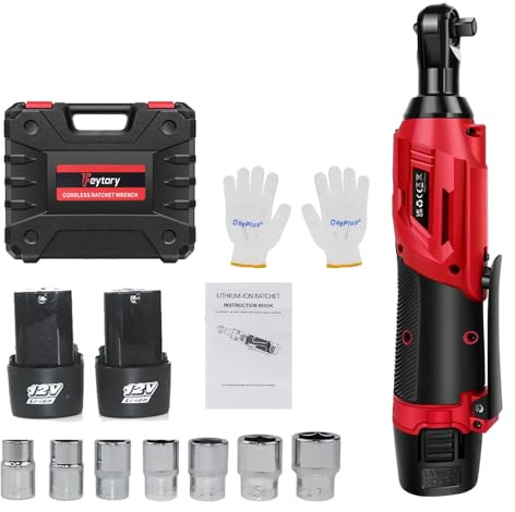 DayPlus 12V Akku Kabelloser Ratschenschlüssel mit 2 x 1.5Ah Li-Ionen Batterien und Schnellladegerät, 2300 RPM, 40 Nm Elektrischer Ratschenschlüssel mit 7 Sockeln, Rot