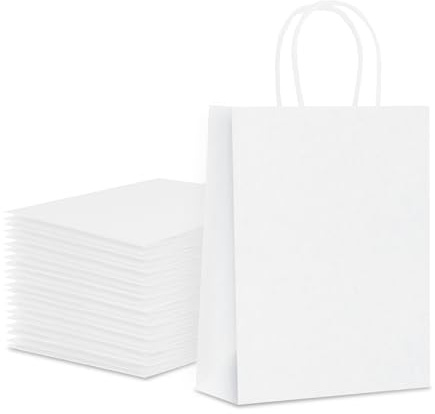 Papiertüten mit Henkel, 20 Stück Geschenktüten Papier - 21x15x8CM, Weiß Kraftpapiertüte für Geburtstagsfeier, Hochzeitsfeier, Geschenk, Restaurant zum Mitnehmen, Einkaufen, Einzelhandel
