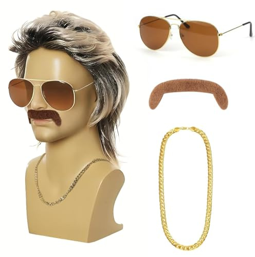 Kinwers Vokuhila Perücke Herren,4 Set 80er 90er Jahre Outfit Blond Perücken Wig Sonnenbrille Halskette Für Fasching Cosplay Kostümfeste.