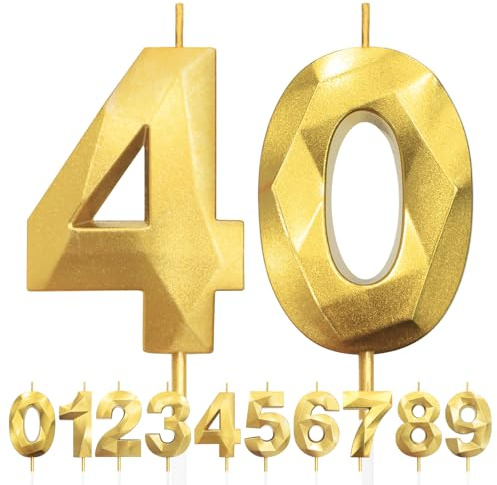 Kerzen zum 40. Geburtstag, Zahl 40, goldene Geburtstagskerzen für Kuchen, Diamant-3D-Happy Birthday-Kerzen, Kuchenkerzen-Dekorationen für Geburtstagsparty, Hochzeitstag, Feier-Zubehör