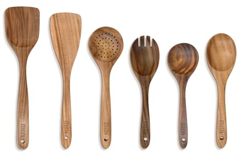 Set 6 Mestoli In Legno Teak, Kit 6 Pezzi Utensili Da Cucina, Mestoli Eleganti, Set Utensili Da Cucina