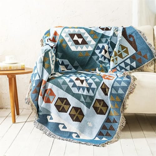 Landsbygd indisk stil trådfilt sofföverkast retro geometriskt mönster stickad gobeläng mjuk bomullsfilt för säng soffa och resor 130 x 160 cm