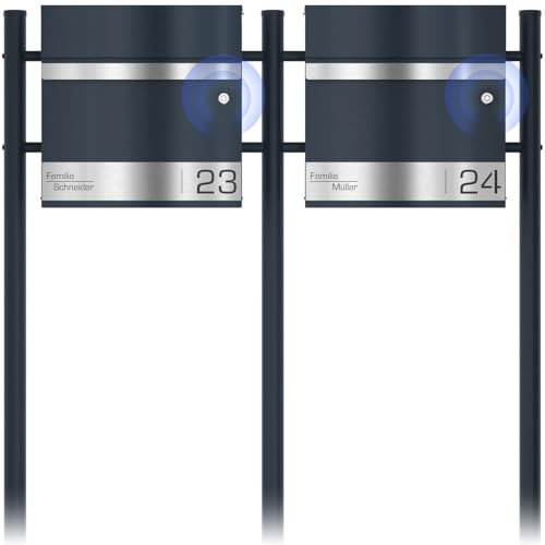 Graviers Design radio campanello doppia cassetta delle lettere autoportante con base antracite RAL 7016 - personalizzata in acciaio inox con incisione laser nome targa numero civico