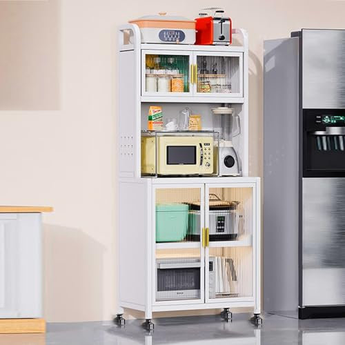 Modern Kitchen Baker's Rack with Glass Doors and Pegboard Top Open Storage Shelves for DIY Enthusiasts Large Metal Shelves for nization
