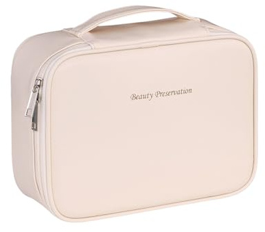 Kosmetiktasche Damen, Große Make-up Tasche, Reise Schminktasche mit Griff und Teiler, Geschenk für Frauen -wasserdichte Toilettentasche für Mädchen (weiß, 24×19×17.5cm)