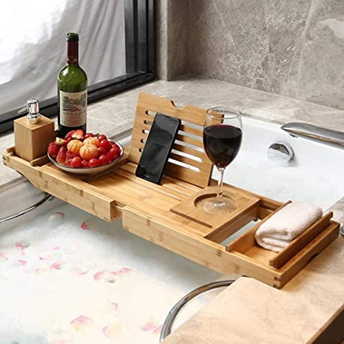 GTATBTG Expandable Bathtub Caddy Tray Bath Tray Bamboo Bath Caddy With Wine Glass Holder Tablet Holder Phone Tray Sandal