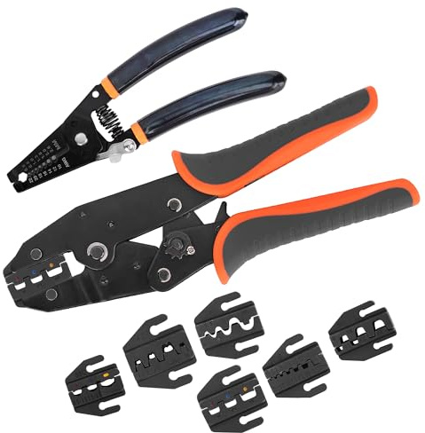 MEKOTRIN Crimping Tool Set of 8PCS - Multifunctional Ratchet Wire Crimper with 6 Interchangeable Jaws & Wire Stripper for Heat Shrink, Insulated & Non-Insulated Terminals