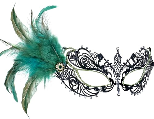 ETOFETE Grüne Maskerade Maske für Frauen, venezianische Augenmaske mit abnehmbarer Feder-Haarspange für Renaissance-Party