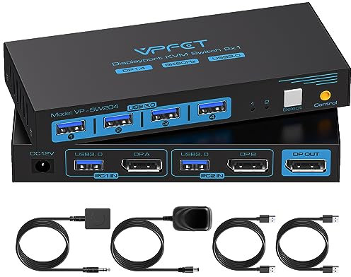 CMSTEDCD 8K60Hz Displayport KVM Switch 2 PC 1 Monitor USB 3.0 KVM Switches Support 4K120Hz DP 1.4 for 2 PC Share 1 Monitor and 4 USB Devices Such as Keyboards Mouse Scanner Includes 2 USB Cables