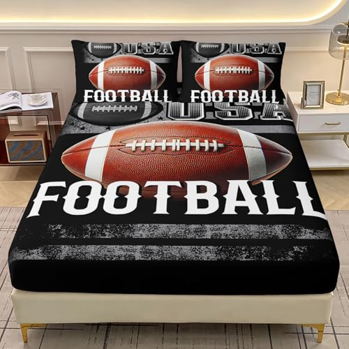 AILONEN American Football Fitted Sheet Set Twin XL Size, Ball Sports Theme Bedding Set for Kids Teens Adults,Rugby Games Bed Sheet Set,1 Fitted Sheet + 2 Pillowcases,3Pcs