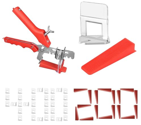 Sistema de Nivelación de Azulejos,Cuñas Niveladoras Suelo,Kit Sistema Nivelacion,Niveladores de Azulejos para la Ayuda a la Colocación de Baldosas,400 Lengüetas,200 Cuñas,1 Pinza