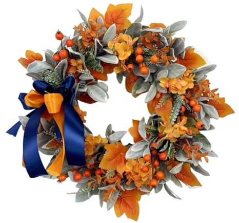 JOYWU Autumn Maple Leaves Wreath for Front Door,45cm Thanksgiving Door Wreath with Blue Orange Bow,Maple Leaves,Berries and Green Leaf,Artificial Fall Wreath Decor For Wall Window Fireplace