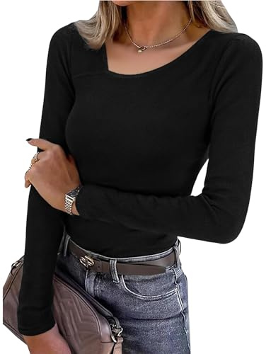 Leversic Womens Long Sleeve Tops Soft Basic T-Shirt Stretchy Base Layer Slim Fit Y2K Going Out Tunic Tee Tops(Black,XL)