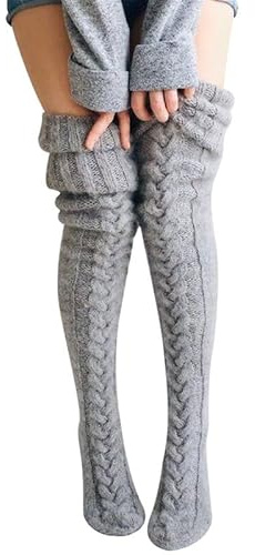 Vmhkjo Kniestrümpfe Damen Overknee Socken Winter Strick Strümpfe Warme Stiefelsocken Trachtenstrümpfe Beinwärmer Grobstrick Wintersocken Thermosocken,Grau
