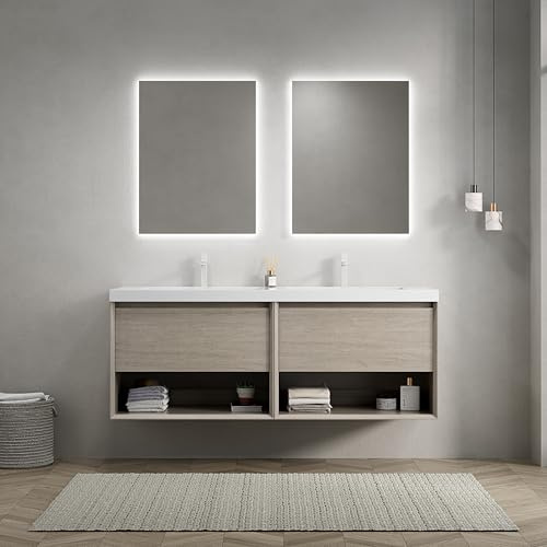 Dolamaní Waschtisch mit Unterschrank 140 cm, Badezimmer Badmöbel hängend, 2 weißen Rechteckigen Waschbecken aus Harz,2 Schublade und 2 Offenes Regal, Vormontiert, Eiche Hell Holzmaserung (140cm)