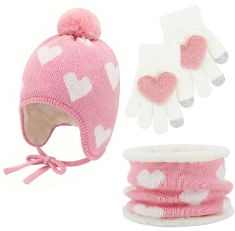 Cosiesnest Toddler Baby Winter Beanie Hat Scarf Gloves Set Hat Scarf and Glove Set Baby Heart Thermal Cap with Pom Hairball Warm Soft Cotton Knit Gifts for 0-4 Year Old Winter Girls (Pink)