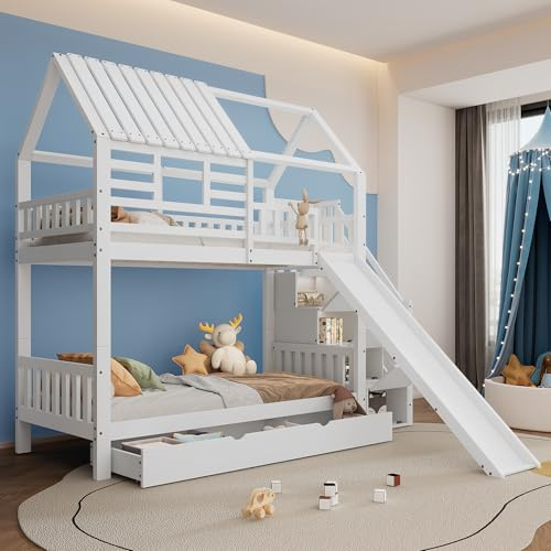 Litera con escalera y tobogán, cama de madera maciza y MDF, escalera con compartimentos de almacenamiento, cajones, barandillas, techo y ventana, cama funcional que ahorra espacio
