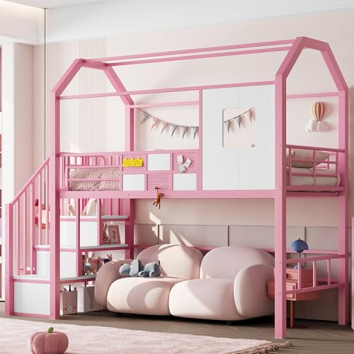 TOBIDOEN Hochbett Metall 90x200 cm Kinderbett Jugendbett mit Dachkonstruktion und Stauraumtreppe, Hausbett mit Kleinem Fenster und Absturzsicherung, Freier Bereich Darunter, Metallbettrahmen, Rosa