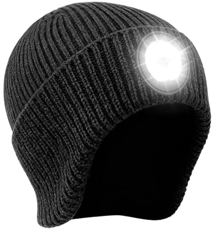 GAOUTO Bonnet tricoté à LED avec lumière - Bonnet de course lumineux USB - Rechargeable par USB - Protection des oreilles - Bonnet chaud d'hiver unisexe avec lampe frontale - Lampe extrêmement