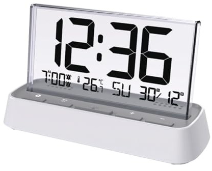 ThreeH Transparente Glasuhr mit großem Display Minimalistischer ewiger Kalender Wecker Elektronisch Datum Wochentag Innentemperatur Tischuhr für Klassenzimmer LCD