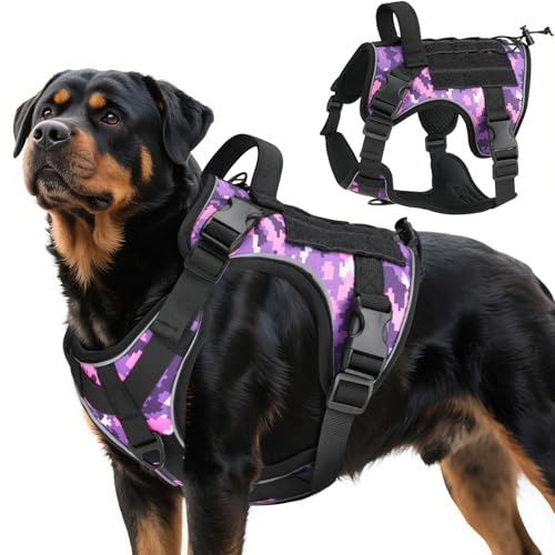 VavoPaw Arnés Táctico Perro, Fácil Control & Sin Tirar Arnés para Perros con Panel Molle y Tira Reflectante, Chaleco Táctico Perro Servicio de Adiestramiento, Paseos, Outdoor, Camuflaje Morado, XL