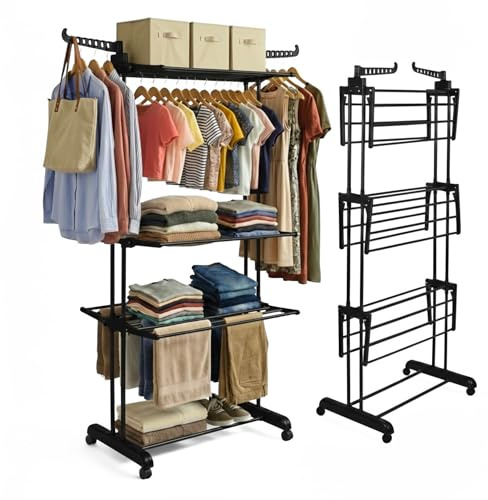 Straame 4-Tier Winged Clothes Airer – Foldable Clothes Drying Rack with Wheels for Indoor/Outdoor Use, Heavy-Duty Laundry Airer, Dryer rack, 76×50×178 cm (Black)