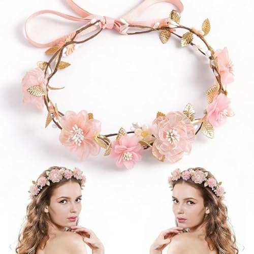 AuraFusion Blumenkranz Haare Blumen Haarreif Haarband Mädchen 1 Stück Für Frauen Tänzerinnen Fotografinnen Für Sommerfestival Strandparty Weltmeisterschaft Fotoshooting Hochzeit Rosa Gold
