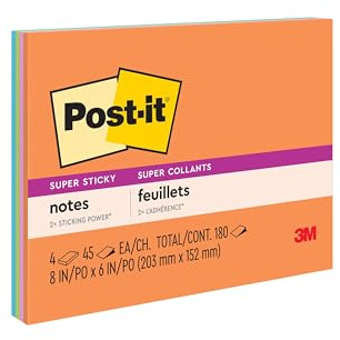 Post-it Super Haftnotizen, 20,3 x 15,2 cm, 4 Blöcke, 2 x Haftkraft, Energy Boost Kollektion, helle Farben, wiederverwertbar (6845-SSP)