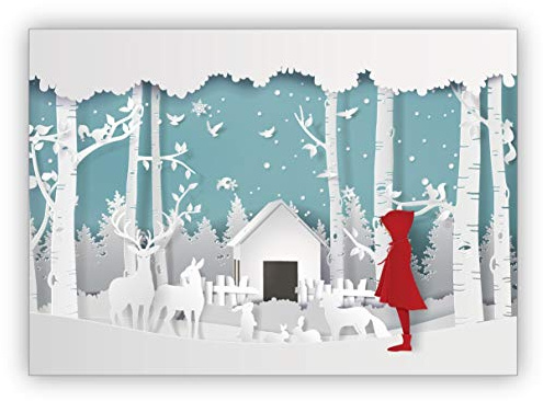 Kartenkaufrausch 4 Stück im Set: Süße Weihnachtskarte in Papercut Optik (NICHT 3D) mit Rotkäppchen vor Winter Krippe • schönes Glückwunsch Karten Set mit Umschlägen zu Weihnachten, Neujahr, Silvester