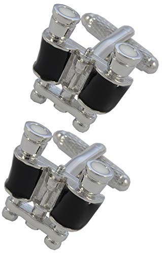 Cufflinks for Men + Presentation Box - Fun - Binoculars - Solid Brass Metal | Bird Watcher Train Spotter Sailor Astronomy - Silver and Black Colour - One Pair