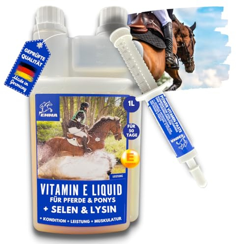 EMMA Vitamin E Selen Pferd flüssig 1 L + Vitamin Paste 30 ml – Muskelaufbau | Vitamin E Selen Ergänzungsfutter mit L-Lysin und Aminosäuren für Muskelstoffwechsel, Sportpferde, Senioren und Fellwechsel