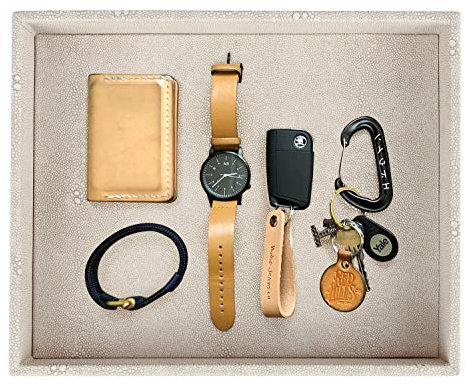 HofferRuffer Elegant Desktop Organizer, Vanity Tray, Bathroom Storage Tray Holder, Dresser Jewelry Tray, Change Coin Key Watch Catchall Tray, 10.2 x 8.4 x 1.8 inches (Light Grey Faux Leather Shagreen)