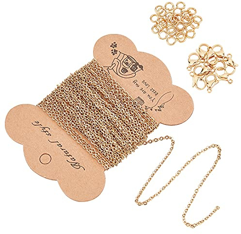 UNICRAFTALE 5m Chaînes de Câbles Chaîne Acier Inoxydable Chaîne de Collier 10 fermoirs à Pince de Homard et 30 Anneaux de Saut Non Soudés Ensemble de Chaînes Doré pour Bijoux Fabrication de Bracelets